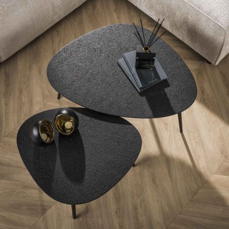 Set de 3 tables basses ABYDOS en métal finition bronze doré et noir