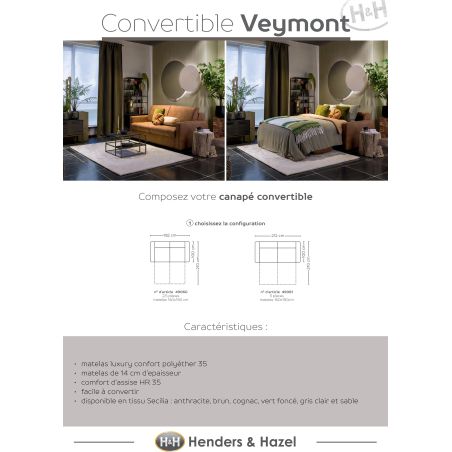 Veymont, convertible 2.5-places 140 cm. - tissu secilia cognac - Henders and Hazel