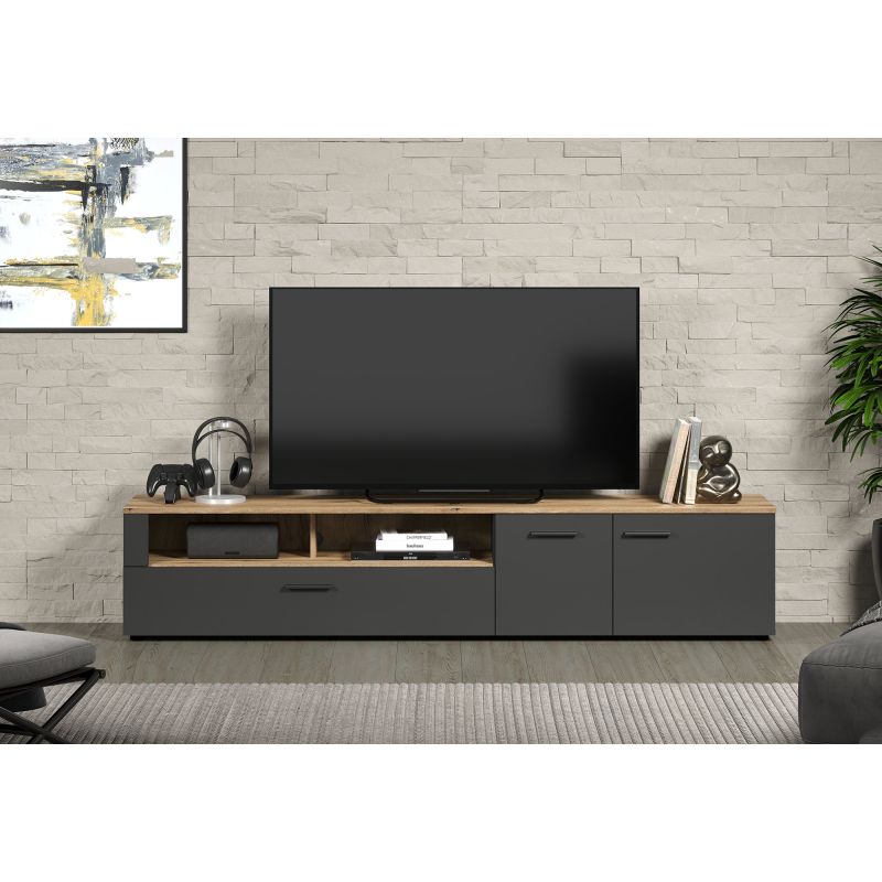 Meuble TV 210 cm ADRIAN avec 3 portes et 2 niches en coloris anthracite et chene coast