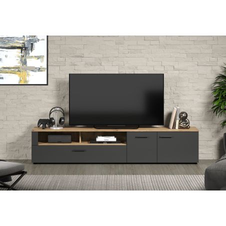Meuble TV 210 cm ADRIAN avec 3 portes et 2 niches en coloris anthracite et chene coast