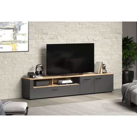 Meuble TV 210 cm ADRIAN avec 3 portes et 2 niches en coloris anthracite et chene coast