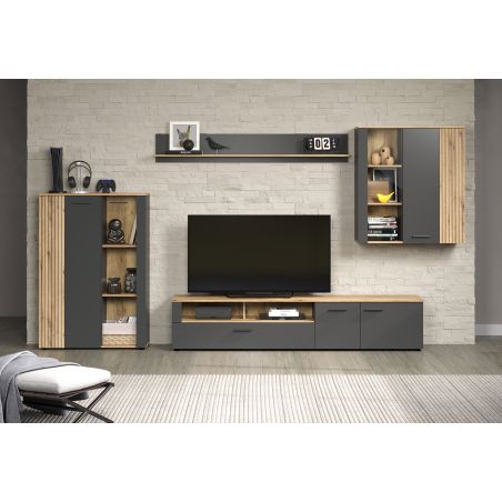 Meuble TV 210 cm ADRIAN avec 3 portes et 2 niches en coloris anthracite et chene coast