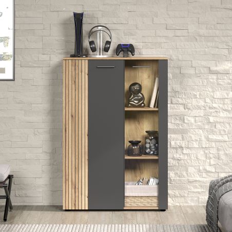 Highboard ADRIAN avec 1 porte pleine et 1 porte vitrée en coloris anthracite et chene coast