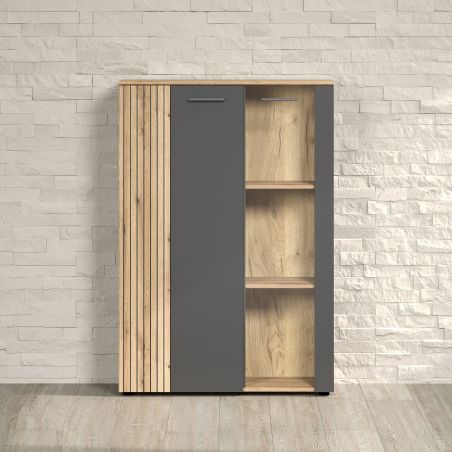 Highboard ADRIAN avec 1 porte pleine et 1 porte vitrée en coloris anthracite et chene coast