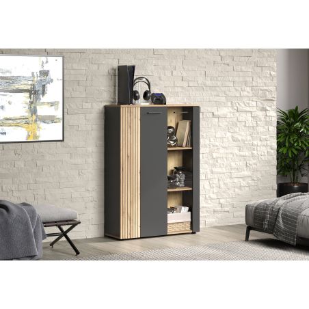 Highboard ADRIAN avec 1 porte pleine et 1 porte vitrée en coloris anthracite et chene coast