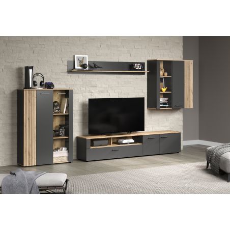 Highboard ADRIAN avec 1 porte pleine et 1 porte vitrée en coloris anthracite et chene coast