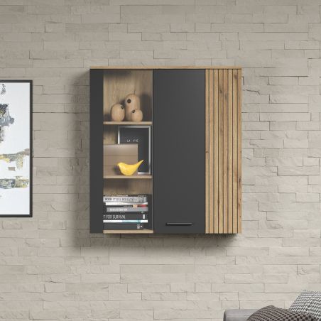 Armoire suspendue ADRIAN avec 1 porte pleine et 1 porte vitrée en coloris anthracite et chene coast
