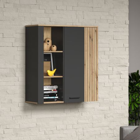 Armoire suspendue ADRIAN avec 1 porte pleine et 1 porte vitrée en coloris anthracite et chene coast
