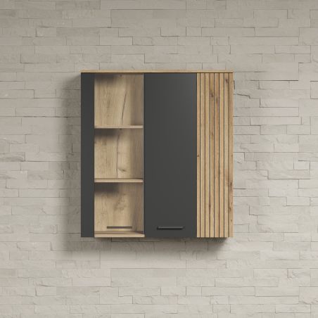 Armoire suspendue ADRIAN avec 1 porte pleine et 1 porte vitrée en coloris anthracite et chene coast