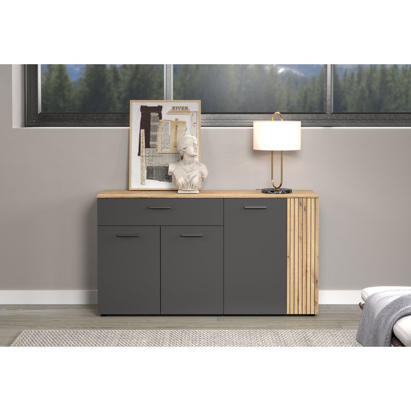 Highboard ADRIAN avec 1 porte pleine et 1 porte vitrée en coloris anthracite et chene coast