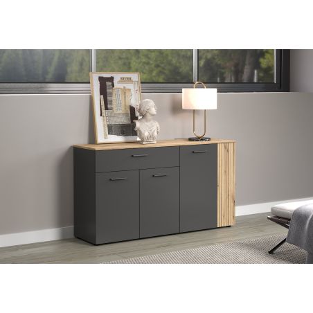 Highboard ADRIAN avec 1 porte pleine et 1 porte vitrée en coloris anthracite et chene coast