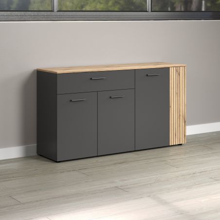 Highboard ADRIAN avec 1 porte pleine et 1 porte vitrée en coloris anthracite et chene coast