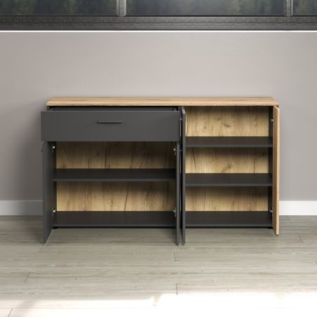 Highboard ADRIAN avec 1 porte pleine et 1 porte vitrée en coloris anthracite et chene coast