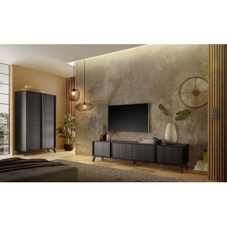 Meuble TV 3 portes HASTINGS en décor chêne noir cendré