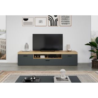 Meuble TV 230 cm COOPER avec 3 portes et 2 niches en coloris anthracite et chene coast