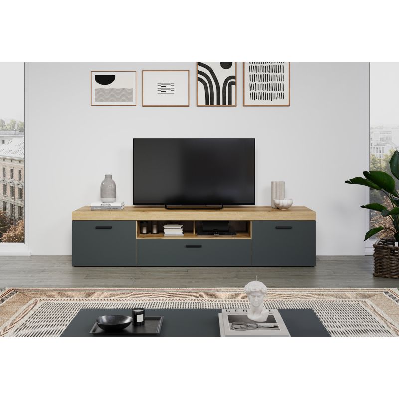 Meuble TV 230 cm COOPER avec 3 portes et 2 niches en coloris anthracite et chene coast