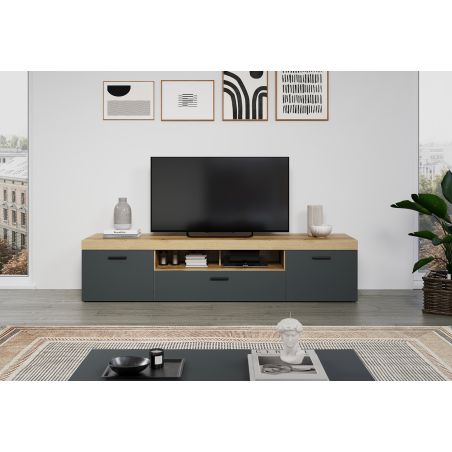 Meuble TV 230 cm COOPER avec 3 portes et 2 niches en coloris anthracite et chene coast