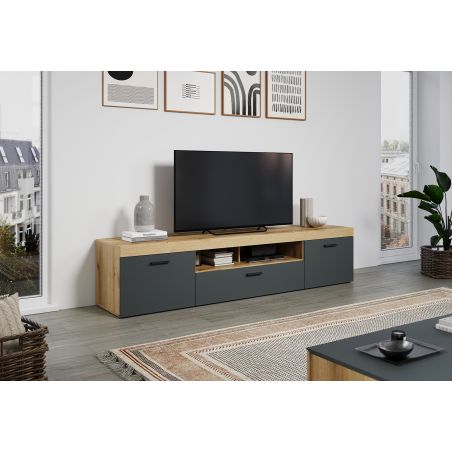 Meuble TV 230 cm COOPER avec 3 portes et 2 niches en coloris anthracite et chene coast