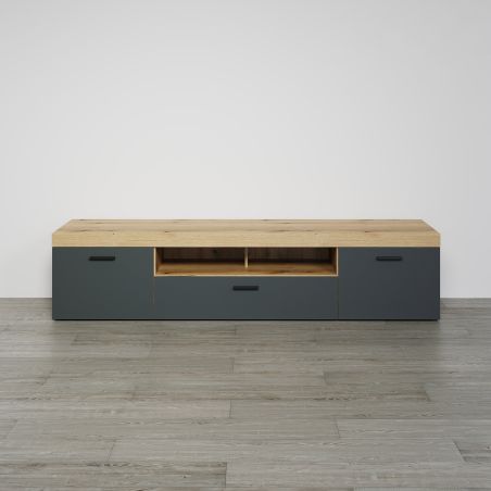 Meuble TV 230 cm COOPER avec 3 portes et 2 niches en coloris anthracite et chene coast