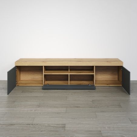Meuble TV 230 cm COOPER avec 3 portes et 2 niches en coloris anthracite et chene coast