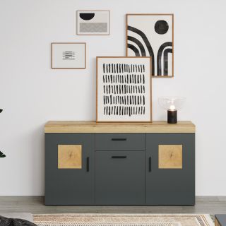 Meuble TV 230 cm COOPER avec 3 portes et 2 niches en coloris anthracite et chene coast