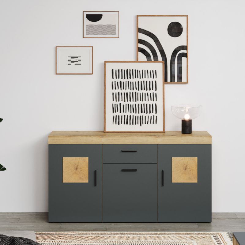 Meuble TV 230 cm COOPER avec 3 portes et 2 niches en coloris anthracite et chene coast