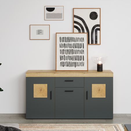 Meuble TV 230 cm COOPER avec 3 portes et 2 niches en coloris anthracite et chene coast