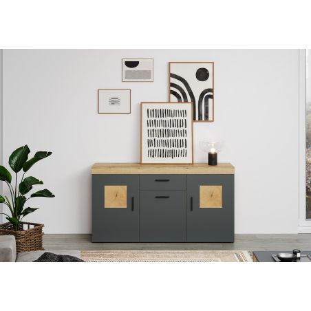 Meuble TV 230 cm COOPER avec 3 portes et 2 niches en coloris anthracite et chene coast