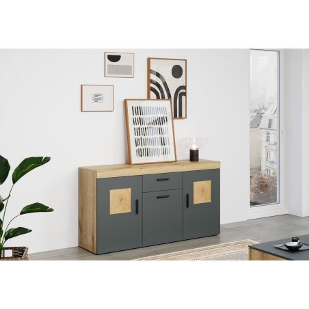 Meuble TV 230 cm COOPER avec 3 portes et 2 niches en coloris anthracite et chene coast