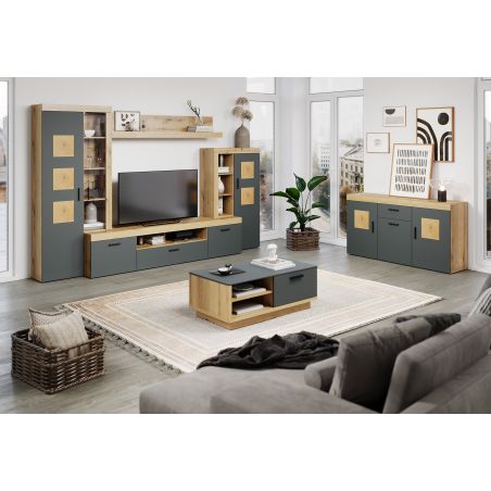 Meuble TV 230 cm COOPER avec 3 portes et 2 niches en coloris anthracite et chene coast