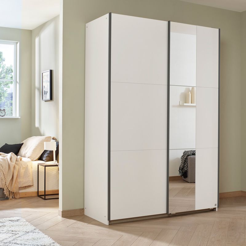 Armoire SCOTT 131 cm en blanc mat avec 2 portes coulissantes et miroir partiel