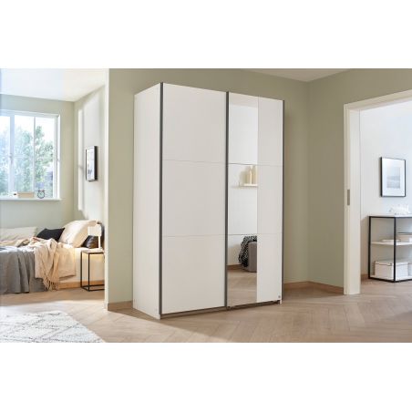 Armoire SCOTT 131 cm en blanc mat avec 2 portes coulissantes et miroir partiel