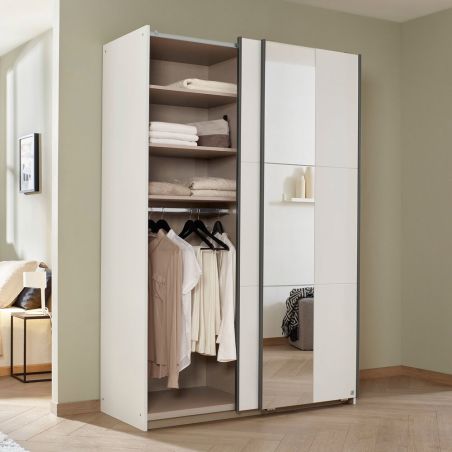 Armoire SCOTT 131 cm en blanc mat avec 2 portes coulissantes et miroir partiel