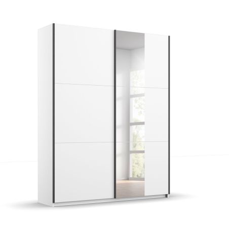 Armoire SCOTT 131 cm en blanc mat avec 2 portes coulissantes et miroir partiel