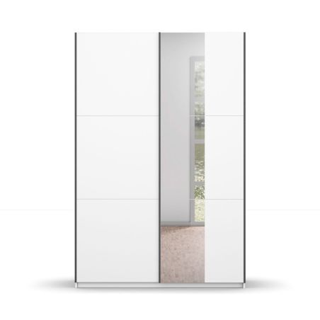Armoire SCOTT 131 cm en blanc mat avec 2 portes coulissantes et miroir partiel