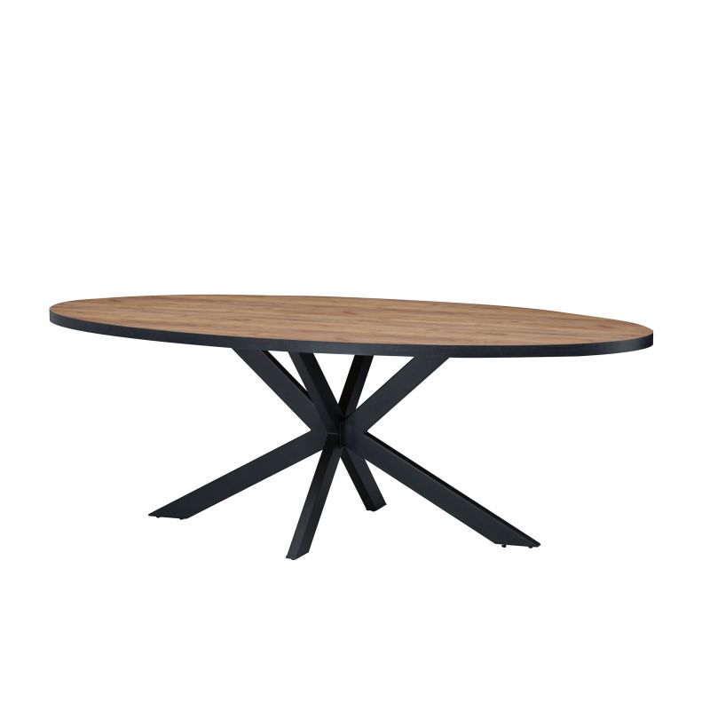 Table ovale ANTONIO 220 cm en décor chêne français avec pied central en métal