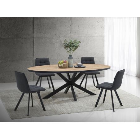 Table ovale ANTONIO 220 cm en décor chêne français avec pied central en métal