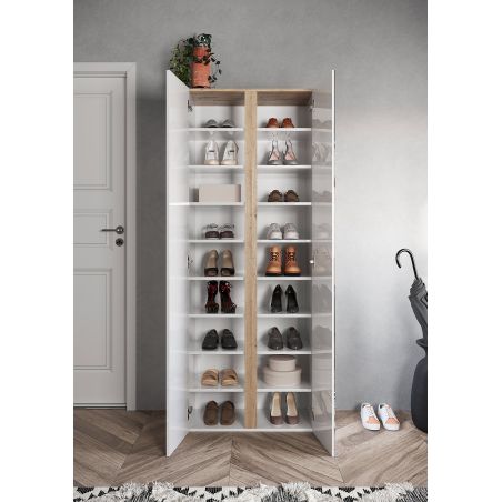 Armoire a chaussures DAWSON en blanc brillant et décor chêne cadiz