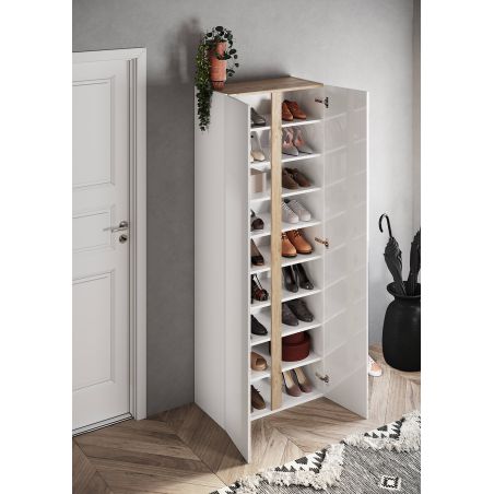 Armoire a chaussures DAWSON en blanc brillant et décor chêne cadiz