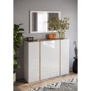 Armoire a chaussures 4 portes DAWSON en blanc brillant et décor chêne cadiz