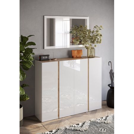 Armoire a chaussures 4 portes DAWSON en blanc brillant et décor chêne cadiz