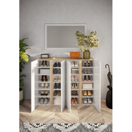 Armoire a chaussures 4 portes DAWSON en blanc brillant et décor chêne cadiz