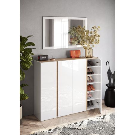 Armoire a chaussures 4 portes DAWSON en blanc brillant et décor chêne cadiz