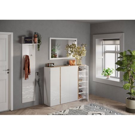 Armoire a chaussures 4 portes DAWSON en blanc brillant et décor chêne cadiz