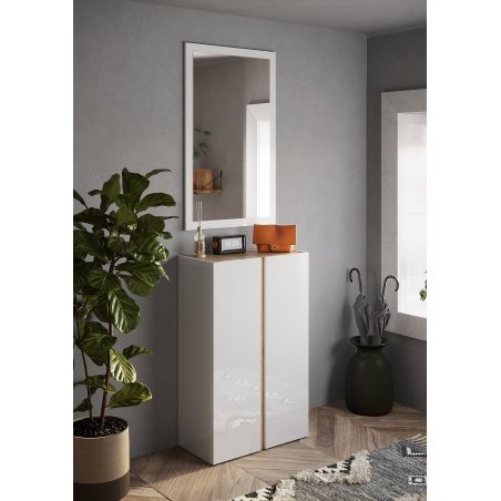 Armoire a chaussures 2 portes DAWSON 70 cm en blanc brillant et décor chêne cadiz