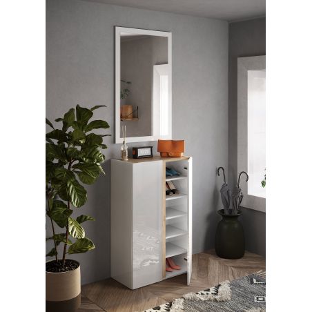Armoire a chaussures 2 portes DAWSON 70 cm en blanc brillant et décor chêne cadiz
