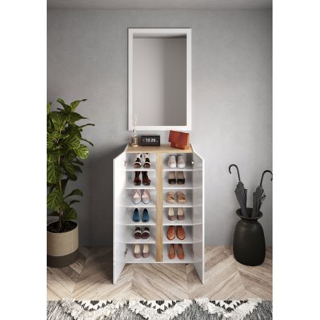 Armoire a chaussures 2 portes DAWSON 70 cm en blanc brillant et décor chêne cadiz
