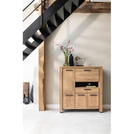 Delmonte, highboard 130 cm. - 4-portes + 1-tiroir + 1-porte rabattante + 1-niche (LED+variateur)- Henders and Hazel