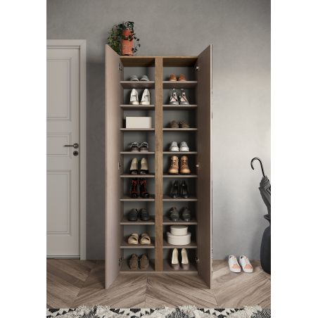 Armoire a chaussures 2 portes DAWSON en blanc brillant et décor chêne cadiz