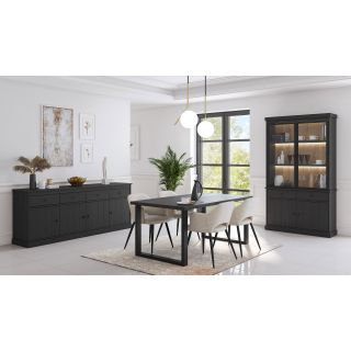 Salle à manger complète GABRIEL DARK en décor chêne noir avec table 210 cm et LED